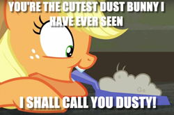 Size: 1168x772 | Tagged: safe, edit, edited screencap, imported from derpibooru, screencap, applejack, the saddle row review, cute, dust, dustpan, image macro, meme, smiling