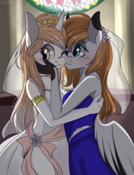 Size: 1300x1700 | Tagged: safe, artist:silbersternenlicht, imported from derpibooru, oc, oc only, anthro, blushing, bride, clothes, commission, cute, dress, female, gay marriage, lesbian, marriage, oc x oc, shipping, wedding, wedding dress