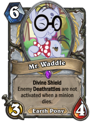 Size: 400x543 | Tagged: safe, imported from derpibooru, screencap, mr. waddle, earth pony, pony, bowtie, card, elderly, eyes closed, glasses, hearthstone, liver spots, male, meta, solo, stallion, warcraft