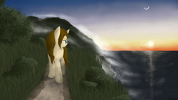 Size: 1920x1080 | Tagged: safe, artist:eagle1division, imported from derpibooru, oc, oc only, oc:dynamic canvas, fog, mist, moon, mountain, ocean, scenery, shore, sunset, wet mane