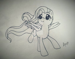 Size: 1024x811 | Tagged: safe, artist:lilapudelpony, imported from derpibooru, fluttershy, female, lineart, looking up, monochrome, running, solo, spread wings, traditional art, watermark