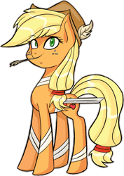 Size: 654x922 | Tagged: safe, artist:cinnajen, imported from derpibooru, applejack, bandage, feather, female, solo, straw, sword, weapon