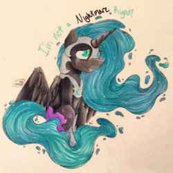 Size: 1024x1024 | Tagged: safe, artist:doodlepaintdraws, imported from derpibooru, nightmare moon, crying, female, sitting, solo, spread wings, traditional art, watermark