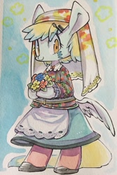 Size: 854x1280 | Tagged: safe, artist:mosamosa_n, imported from derpibooru, oc, oc only, pony, semi-anthro, bipedal, bouquet, butt wings, clothes, cute, dress, flower, solo, traditional art, watercolor painting