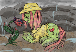 Size: 900x623 | Tagged: safe, artist:hoshikokin, imported from derpibooru, tree hugger, dirt, dirty, eyes closed, female, hat, mud, muddy, plant, rain, raincoat, rainhat, solo