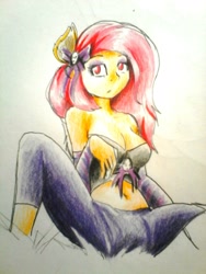 Size: 1920x2560 | Tagged: safe, artist:nolyanimeid, imported from derpibooru, fluttershy, anthro, belly button, breasts, busty fluttershy, cleavage, clothes, colored pencil drawing, female, flutterbat, midriff, pants, race swap, solo, traditional art