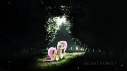 Size: 1920x1080 | Tagged: safe, artist:drakesparkle44, artist:slb94, imported from derpibooru, fluttershy, butt, forest, looking back, plot, raised hoof, vector, walkway, wallpaper