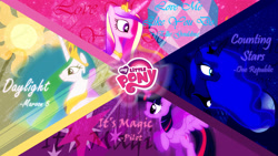 Size: 3840x2160 | Tagged: safe, artist:pwnagespartan, edit, imported from derpibooru, princess cadance, princess celestia, princess luna, twilight sparkle, alicorn, pony, counting stars, cutie mark, daylight, ellie goulding, logo, love me like you do, magic, maroon 5, my little pony logo, one republic, pilot, royal sisters, song reference, twilight sparkle (alicorn), vector, wallpaper, wallpaper edit