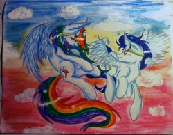 Size: 1024x794 | Tagged: safe, artist:snowshine5, imported from derpibooru, rainbow dash, soarin', pony, female, male, shipping, soarindash, straight, traditional art