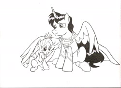 Size: 2338x1700 | Tagged: safe, artist:jmkplover, imported from derpibooru, diamond tiara, alicorn, pony, black and white, clark kent, crossover, crying, dc comics, grayscale, monochrome, ponified, sad, sketch, superman