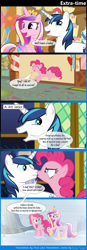 Size: 1288x3694 | Tagged: safe, artist:bredgroup, artist:true line translators, imported from derpibooru, screencap, pinkie pie, princess cadance, shining armor, pony, party pooped, the one where pinkie pie knows, boop, comic, noseboop, screencap comic