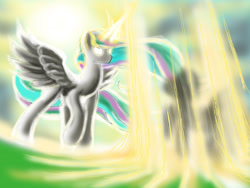 Size: 2000x1500 | Tagged: safe, artist:doomsp0rk, imported from derpibooru, princess celestia, alicorn, pony, female, glowing eyes, light, magic, smiting, solo