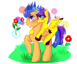 Size: 1024x850 | Tagged: safe, artist:celeslun03, imported from derpibooru, flash sentry, oc, oc:orion galaxy, alicorn, pony, alicorn oc, colt, dirty, father and son, flower, implied flashlight, magic, male, offspring, papa flash, parent:flash sentry, parent:twilight sparkle, parents:flashlight