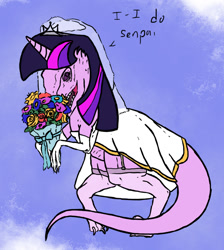 Size: 900x1004 | Tagged: safe, artist:slamjam, imported from derpibooru, twilight sparkle, dinosaur, velociraptor, bouquet, clothes, context is for the weak, dress, female, flower, not salmon, solo, species swap, wat, wedding dress, wedding veil