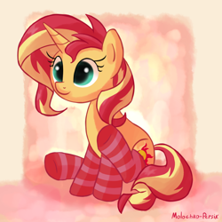 Size: 1000x1000 | Tagged: safe, artist:molochko-persik, imported from derpibooru, sunset shimmer, pony, unicorn, clothes, cute, female, shimmerbetes, socks, sockset shimmer, solo, striped socks