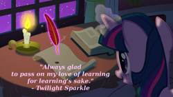 Size: 960x540 | Tagged: safe, edit, imported from derpibooru, screencap, twilight sparkle, owl's well that ends well, book, candle, caption, feather, female, golden oaks library, magic, motivational, night, quill, quote, scroll, solo, telekinesis, text, writing