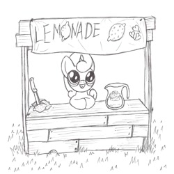 Size: 1200x1200 | Tagged: safe, artist:datspaniard, imported from derpibooru, lemon hearts, female, food, juice, knife, lemon, lemonade, lemonade stand, monochrome, solo