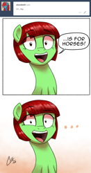 Size: 850x1622 | Tagged: safe, artist:ceehoff, imported from derpibooru, oc, oc only, oc:cherry limeade, ..., ask, bad pun, comic, pun, solo, tumblr