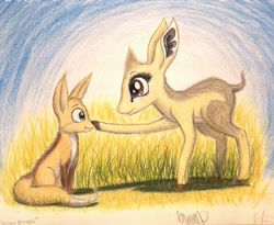 Size: 986x810 | Tagged: safe, artist:thefriendlyelephant, imported from derpibooru, oc, oc only, oc:fen fen, oc:kekere, antelope, dik dik, fennec fox, fox, animal in mlp form, big ears, boop, cloven hooves, commission, cute, fluffy, non-mlp oc, traditional art