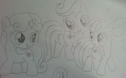Size: 1119x700 | Tagged: safe, artist:fluffykittens12309, imported from derpibooru, apple bloom, scootaloo, sweetie belle, cutie mark, cutie mark crusaders, monochrome, smiling, the cmc's cutie marks, traditional art
