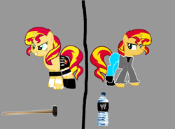 Size: 2550x1880 | Tagged: safe, artist:skulluigi, imported from derpibooru, sunset shimmer, pony, unicorn, 1000 hours in ms paint, crossover, female, ms paint, parody, sledgehammer, solo, triple h, water bottle, wrestling, wwe