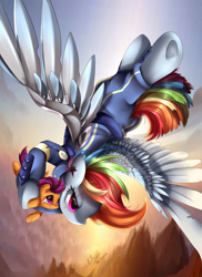 Size: 2550x3509 | Tagged: safe, artist:pridark, imported from derpibooru, rainbow dash, scootaloo, pegasus, pony, alternate timeline, amputee, apocalypse dash, augmented, badass, badass adorable, crying, crystal war timeline, cute, cutealoo, dashabetes, flying, prosthetic limb, prosthetic wing, prosthetics, scootalove, torn ear, underhoof