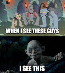 Size: 491x550 | Tagged: safe, edit, edited screencap, imported from derpibooru, screencap, fido, rover, spot, diamond dog, caption, gollum, image macro, lord of the rings, meme