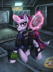 Size: 792x1080 | Tagged: safe, artist:pinkuh, imported from derpibooru, oc, oc:gin rummy, fallout equestria, fallout equestria: project horizons, bed, handgun, lockers, paintbrush, palette, vigilance (gun)