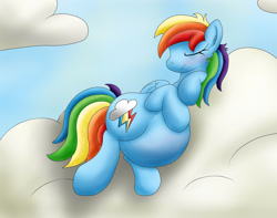 Size: 1374x1080 | Tagged: safe, artist:seenty, imported from derpibooru, rainbow dash, backwards cutie mark, cute, dashabetes, female, preggo dash, pregnant, sleeping, solo