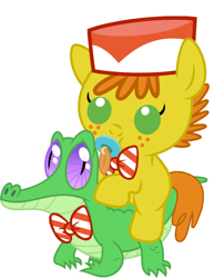 Size: 786x1017 | Tagged: safe, artist:red4567, imported from derpibooru, carrot cake, gummy, pony, baby, baby pony, carrot cake riding gummy, cute, pacifier, ponies riding gators, riding, weapons-grade cute