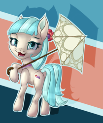 Size: 2009x2406 | Tagged: safe, artist:itresad, imported from derpibooru, coco pommel, pony, :3, anatomically incorrect, butt, cleft lip, dog lip, faic, female, incorrect leg anatomy, looking back, plot, smiling, solo, umbrella