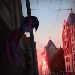 Size: 1200x1200 | Tagged: dead source, safe, artist:exeini, imported from derpibooru, twilight sparkle, alicorn, pony, chromatic aberration, city, clothes, cute, featured image, female, looking at you, mare, moscow, power line, scenery, scenery porn, sitting, solo, town, twiabetes, twilight sparkle (alicorn), wires