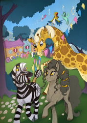 Size: 2820x3960 | Tagged: safe, artist:vindhov, imported from derpibooru, oc, oc only, oc:cloudia, oc:follow lead, oc:sulphur pie, earth pony, giraffe, pony, zebra, circus, female, mare, offspring, parent:pinkie pie, parent:trouble shoes, parent:troubleshoes clyde, parents:trouble pie