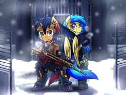 Size: 2000x1500 | Tagged: safe, artist:vavacung, imported from derpibooru, oc, oc only, oc:electric spark, oc:silvia, anthro, pegasus, unguligrade anthro, unicorn, ak-200, anthro oc, crossover, duo, goggles, gun, looking at you, silspark, snow, snowfall, tom clancy's the division, tongue out, vector crb, weapon