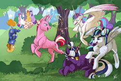 Size: 2734x1823 | Tagged: safe, artist:vindhov, imported from derpibooru, princess cadance, princess flurry heart, shining armor, sunburst, twilight sparkle, oc, oc:inkwell, oc:marigold twinkle, oc:nacre shell, oc:riposte, alicorn, earth pony, pegasus, pony, unicorn, coat markings, cousins, facial markings, fake horn, family, female, flurry heart is not amused, half-siblings, jewelry, magic, male, mare, necklace, offspring, older, parent:flash sentry, parent:princess cadance, parent:shining armor, parent:sunburst, parent:twilight sparkle, parents:flashlight, parents:shiningcadance, parents:twiburst, pearl, pearl necklace, picnic, shipping, snip (coat marking), socks (coat marking), socks (coat markings), sparkle family, stallion, telekinesis, tree, twiburst, twilight sparkle (alicorn)