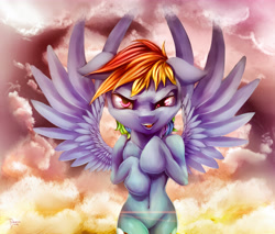 Size: 5000x4259 | Tagged: safe, artist:ferasor, imported from derpibooru, rainbow dash, absurd resolution, belly button, evil grin, female, flying, looking at you, solo