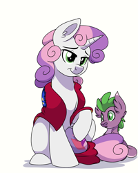 Size: 1200x1500 | Tagged: safe, artist:itstaylor-made, imported from derpibooru, sweetie belle, oc, oc:hedgewing, dracony, hybrid, cape, clothes, cmc cape, cutie mark, interspecies offspring, next generation, offspring, older, parent:spike, parent:sweetie belle, parents:spikebelle, simple background, story included, the cmc's cutie marks, white background