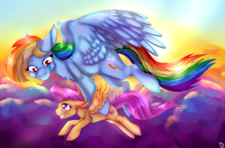 Size: 1024x674 | Tagged: safe, artist:auraeyes, imported from derpibooru, rainbow dash, scootaloo, cloud, cutie mark, flying, scootaloo can't fly, scootalove, the cmc's cutie marks