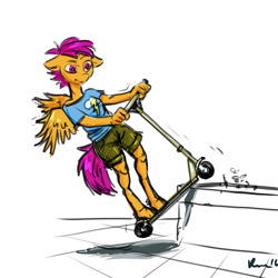 Size: 2512x2512 | Tagged: safe, artist:kovoranu, imported from derpibooru, scootaloo, anthro, unguligrade anthro, clothes, female, grinding, rail grinding, scooter, shorts, solo, traditional art