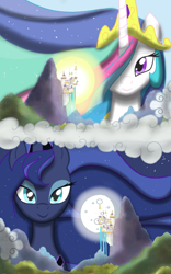 Size: 1024x1638 | Tagged: safe, artist:theroyalprincesses, imported from derpibooru, princess celestia, princess luna, alicorn, pony, canterlot, cloud, day, duo, female, full moon, hair over one eye, looking at you, mare, moon, night, royal sisters, split screen, sun