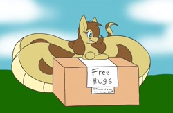 Size: 1280x837 | Tagged: safe, artist:metalaura, imported from derpibooru, oc, oc only, oc:hissyfit, lamia, original species, snake, eyelashes, female, fluffy, free hugs, grin, hair over one eye, imma snuggle you, it's a trap, looking at you, sign, smiling, snek, solo, this will end in vore