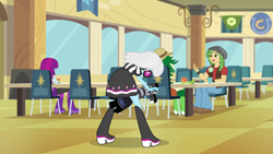 Size: 1280x720 | Tagged: safe, imported from derpibooru, screencap, mystery mint, photo finish, sandalwood, equestria girls, friendship games, photo finished, boots, cafeteria, celery, clothes, food, football, high heel boots, orange, shoes, table