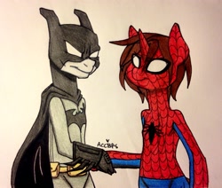 Size: 2629x2227 | Tagged: safe, artist:ameliacostanza, imported from derpibooru, batman, bruce wayne, clothes, costume, crossover, dc comics, duo, hoofshake, marvel, peter parker, ponified, spider-man, superhero, traditional art