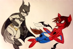 Size: 3120x2083 | Tagged: safe, artist:ameliacostanza, imported from derpibooru, batarang, batman, bruce wayne, clothes, costume, crossover, dc comics, fight, marvel, peter parker, ponified, spider-man, superhero, traditional art