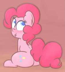 Size: 629x697 | Tagged: safe, artist:mr-degration, imported from derpibooru, pinkie pie, :p, balloonbutt, butt, colored pupils, cute, diapinkes, female, looking back, plot, simple background, sitting, solo, tongue out