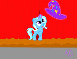 Size: 1280x981 | Tagged: safe, artist:marewile, imported from derpibooru, trixie, pony, unicorn, cute, female, filly, filly trixie, happy, levitation, magic, mare, open mouth, open smile, smiling, solo, stage, telekinesis, trixie's hat, younger