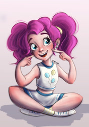 Size: 1024x1448 | Tagged: safe, artist:ciipott, imported from derpibooru, pinkie pie, human, cheerleader, clothes, cute, diapinkes, ear piercing, earring, female, humanized, jewelry, midriff, piercing, pigtails, shoes, skirt, sneakers, socks, solo, tanktop