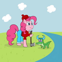 Size: 1900x1900 | Tagged: safe, artist:php47, imported from derpibooru, gummy, pinkie pie, axe, clothes, paul bunyan, pink horse daily, weapon