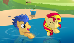 Size: 3367x1933 | Tagged: safe, artist:shutterflyeqd, imported from derpibooru, flash sentry, sunset shimmer, pegasus, pony, unicorn, ^^, beach, cute, eyes closed, female, flashimmer, male, not fiery shimmer, open mouth, shipping, straight, summer, swimming