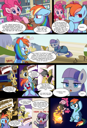 Size: 1000x1470 | Tagged: safe, artist:little-tweenframes, deleted from derpibooru, imported from derpibooru, daring do, doctor whooves, maud pie, pinkie pie, rainbow dash, time turner, comic:readers of the last copy, bagpipes, bench, bonfire, comic, crazy straw, filly, prone